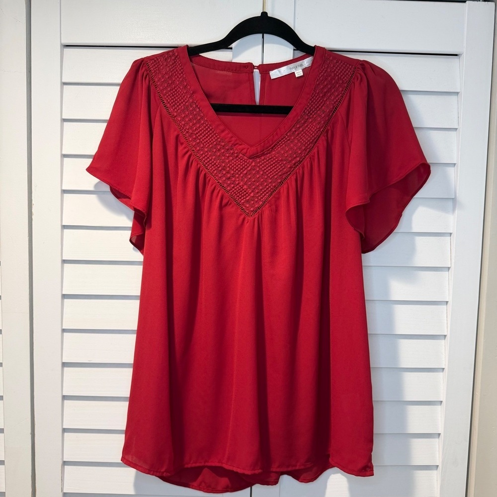 Fun 2‎ Fun Red Crochet Lace V-Neck Flutter Sleeve Blouse Top XL